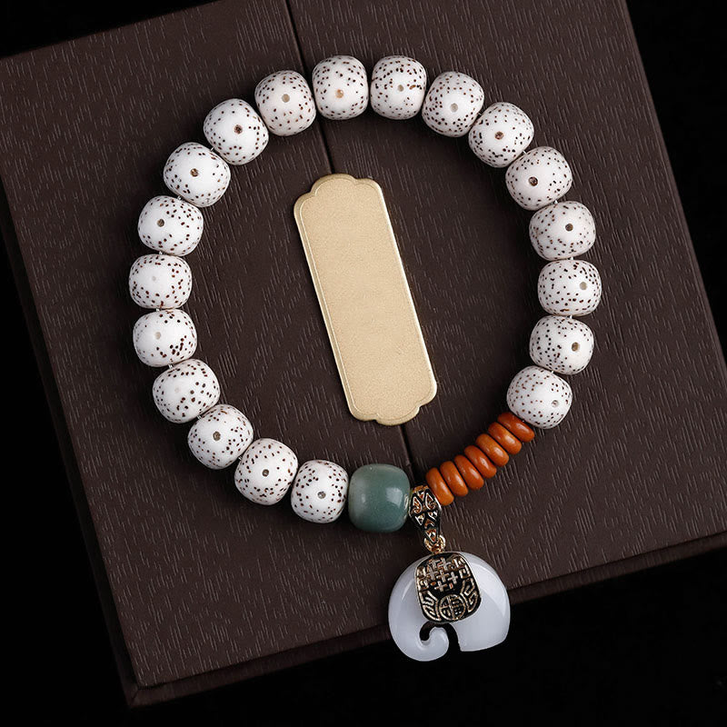 Buddha Stones Hand PolishedStar Moon Bodhi Seed Elephant Pattern Inner Peace Bracelet - White Star Moon Bodhi Seed & White Elephant(Wrist Circumference: 14-16cm) - image 0
