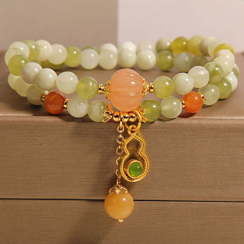Buddha Stones Double Wrap Gourd Pumpkin Green Grape Serpentine Jade Luck Bracelet - Green Grape Serpentine Jade(Wrist Circumference: 17cm) - image 0