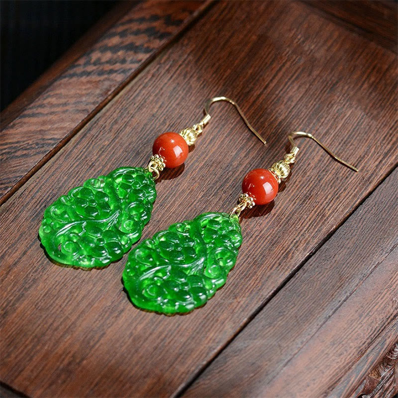 Buddha Stones Water Droplet Hollow Shape Jade Red Agate 925 Sterling Silver Luck Earrings - Jade & Red Agate & Silver Posts - image 1