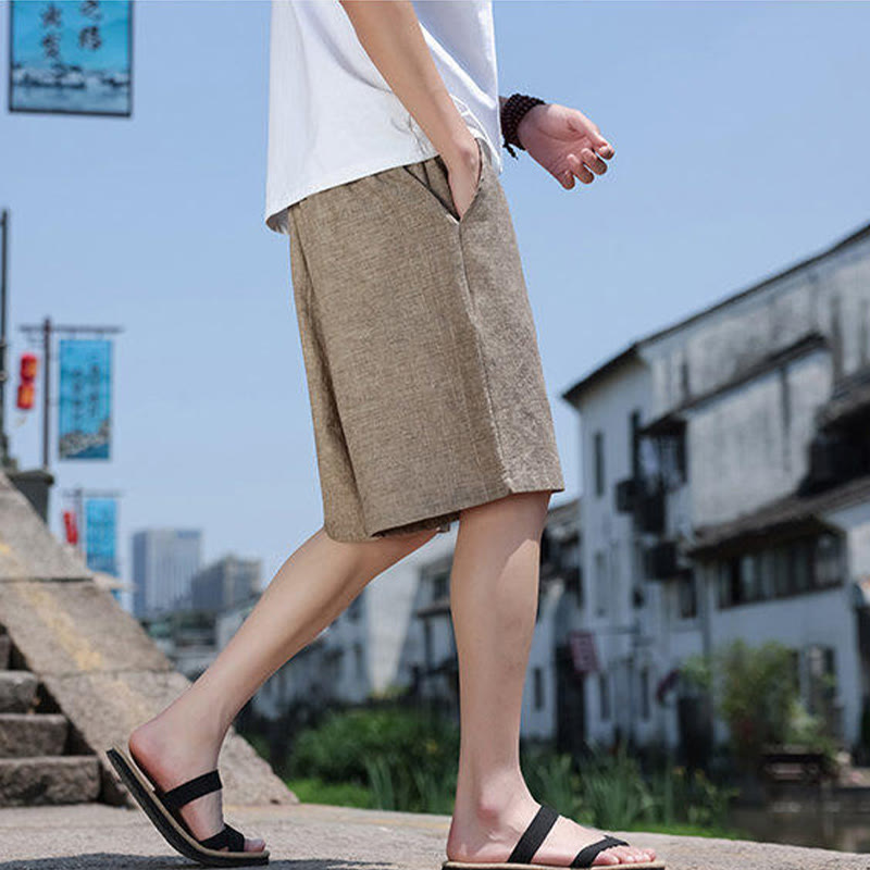 Buddha Stones Weaving Waist Rope Beads Cropped Linen Men's Shorts With Pockets - image 4