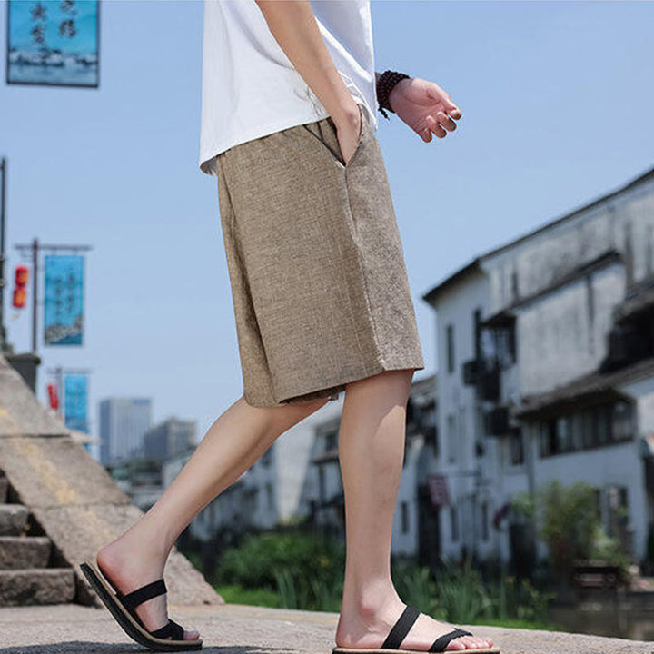 Buddha Stones Weaving Waist Rope Beads Cropped Linen Men's Shorts With Pockets - image 4