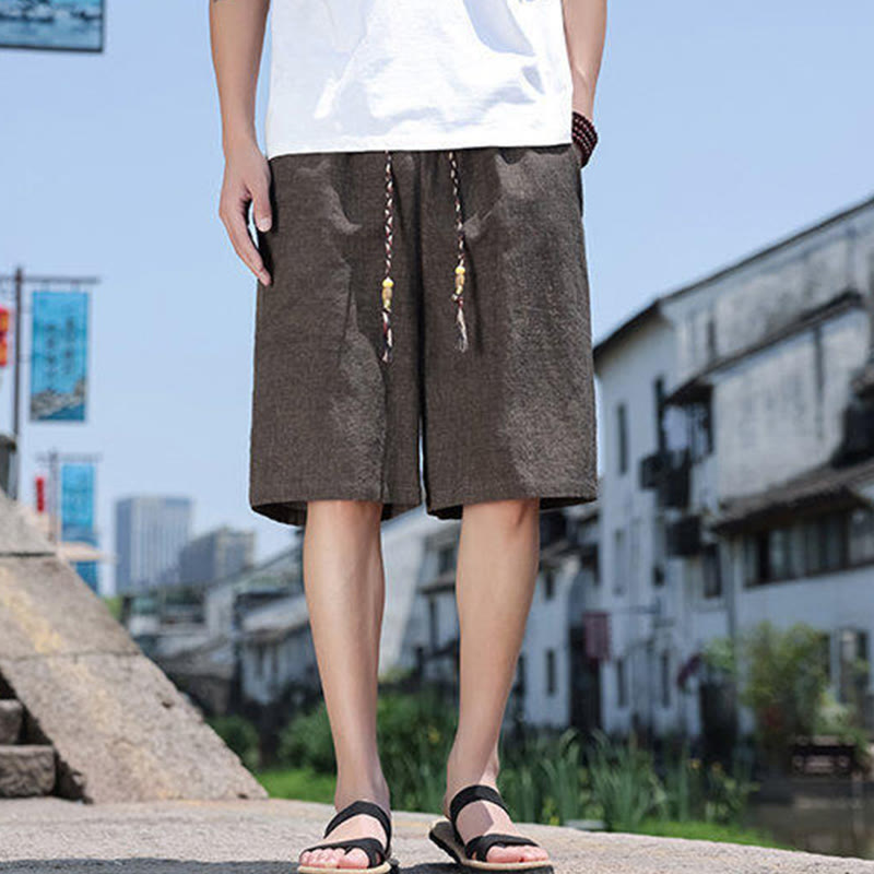 Buddha Stones Weaving Waist Rope Beads Cropped Linen Men's Shorts With Pockets - SaddleBrown - US18，UK/AU22，EU50 (5XL) - image 7