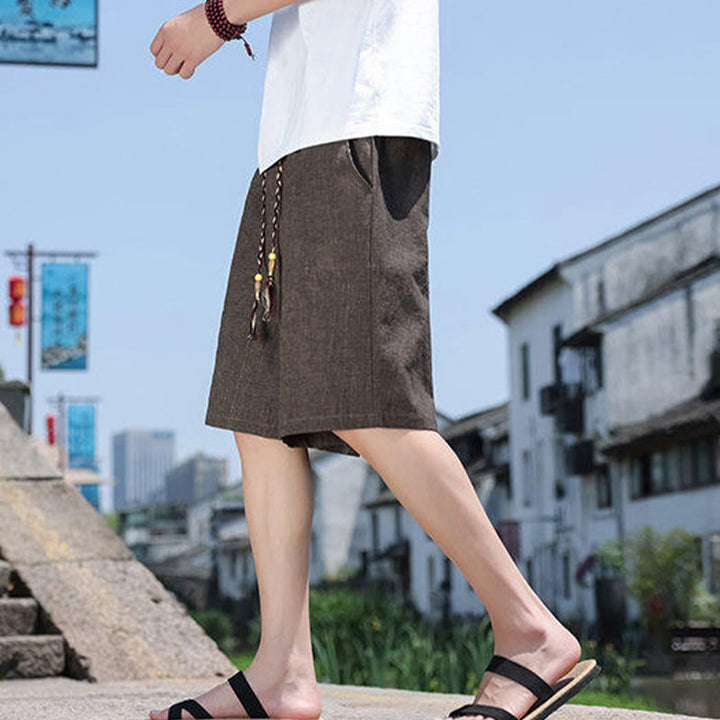 Buddha Stones Weaving Waist Rope Beads Cropped Linen Men's Shorts With Pockets - image 13