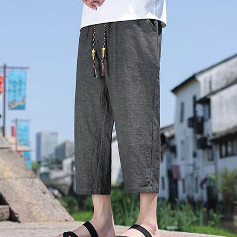 Buddha Stones Casual Woven Bead Waist Rope Men's 7-8 Length Spandex Pants With Pockets - image 4