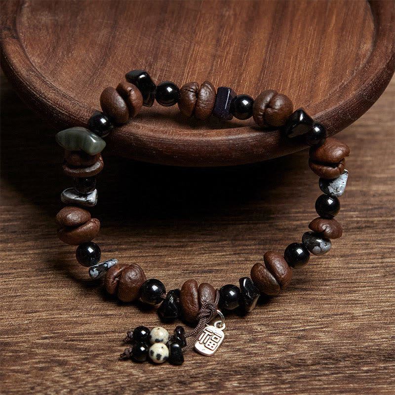 Buddha Stones Natural Coffee Beans Tiger Eye Fu Character Protection Bracelet - image 1