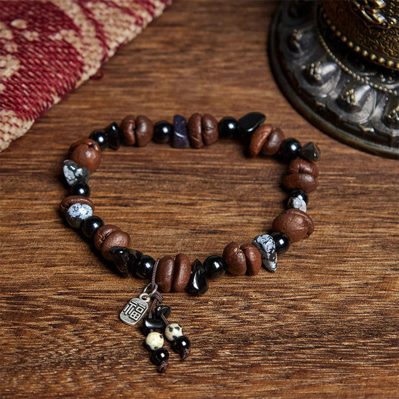 Buddha Stones Natural Coffee Beans Tiger Eye Fu Character Protection Bracelet - Coffee Bean(Wrist Circumference: 15-18cm) - image 0
