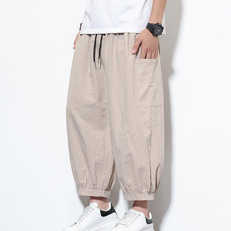 Buddha Stones Casual Striped Men's Cotton 7-8 Length Harem Pants With Pockets - image 4