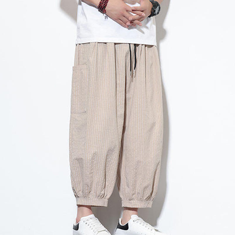 Buddha Stones Casual Striped Men's Cotton 7-8 Length Harem Pants With Pockets - image 5