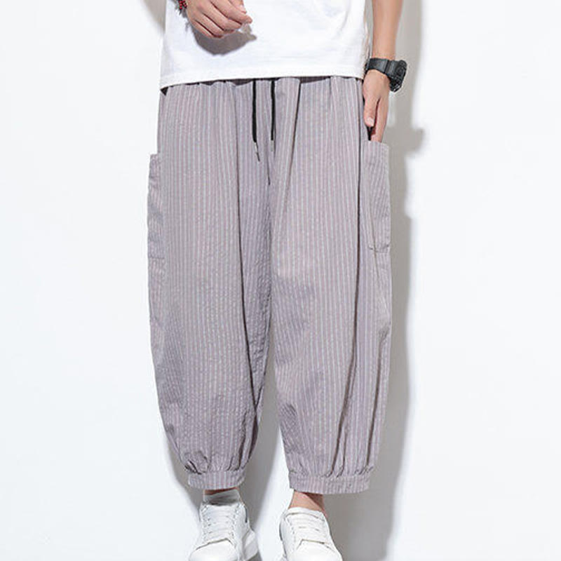 Buddha Stones Casual Striped Men's Cotton 7-8 Length Harem Pants With Pockets - image 15