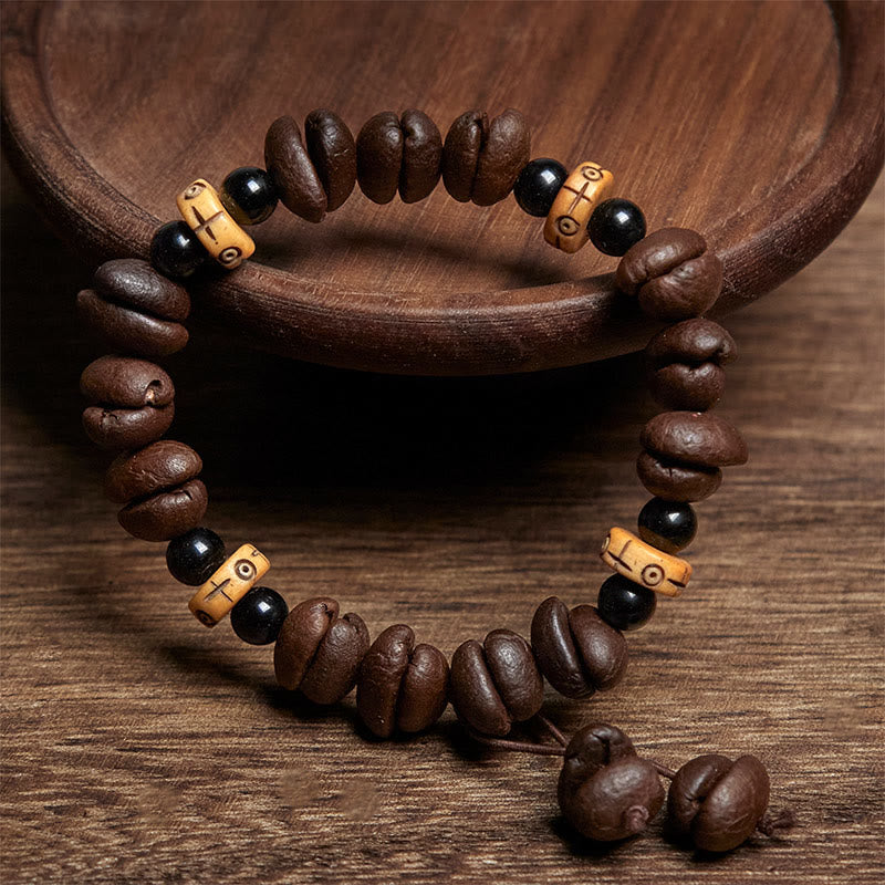 Buddha Stones Natural Coffee Beans Yak Bone Beads Bracelet - image 1