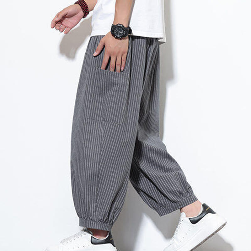 Buddha Stones Casual Striped Men's Cotton 7-8 Length Harem Pants With Pockets - Gray - US/UK/AU46，EU56 (5XL) - image 21