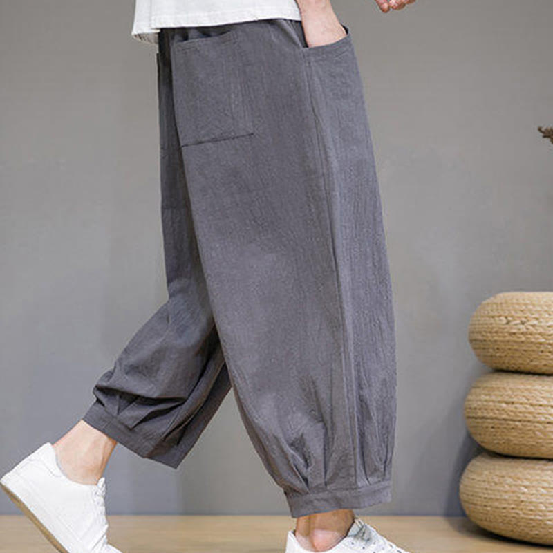 Buddha Stones Casual Plain Men's Cotton 7-8 Length Harem Pants With Pockets - image 6