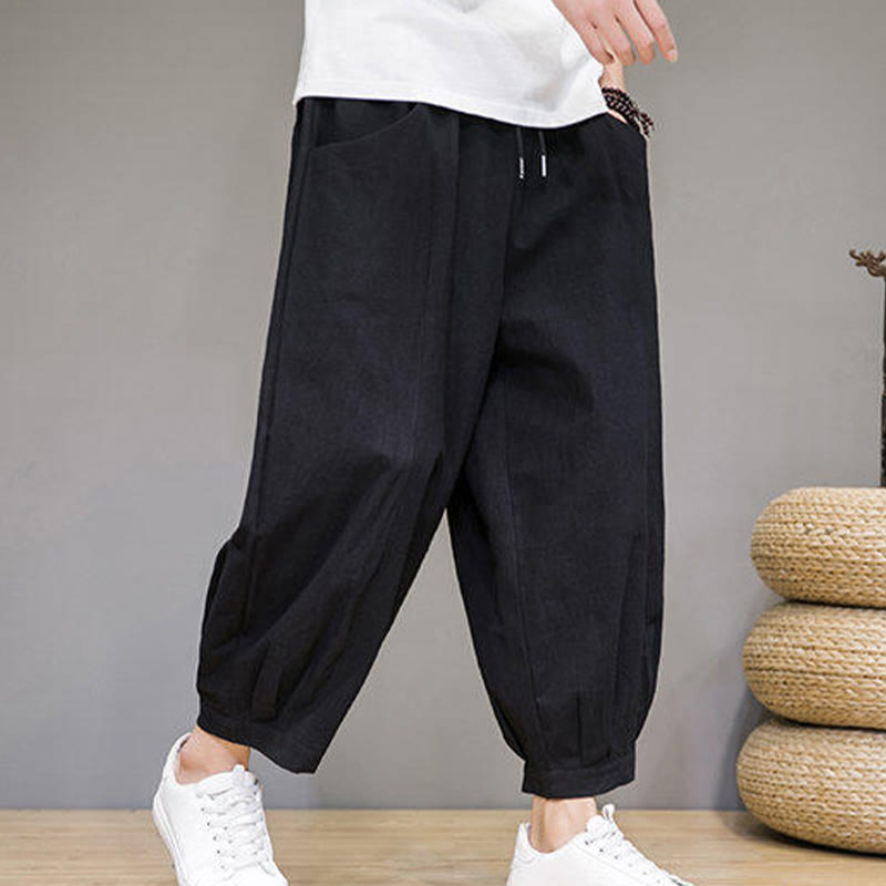 Buddha Stones Casual Plain Men's Cotton 7-8 Length Harem Pants With Pockets - image 19