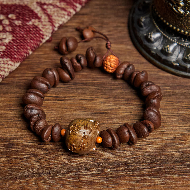 Buddha Stones Handmade Lucky Cat Real Coffee Beans Sandalwood Bracelet - Coffee Bean(Wrist Circumference: 17.5cm) - image 0