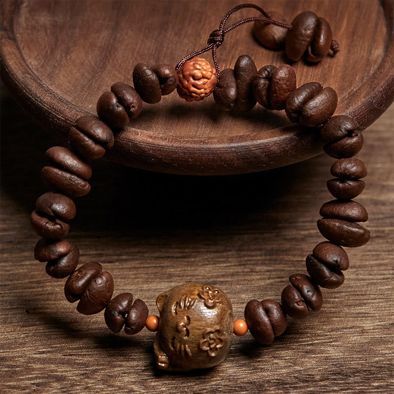 Buddha Stones Handmade Lucky Cat Real Coffee Beans Sandalwood Bracelet - image 1