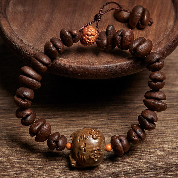 Buddha Stones Handmade Lucky Cat Real Coffee Beans Sandalwood Bracelet - image 1