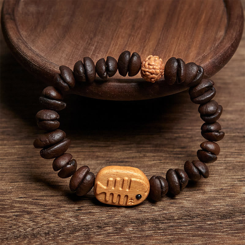 Buddha Stones Handmade Fishbone Real Coffee Beans Wenge Wood Bracelet - image 1