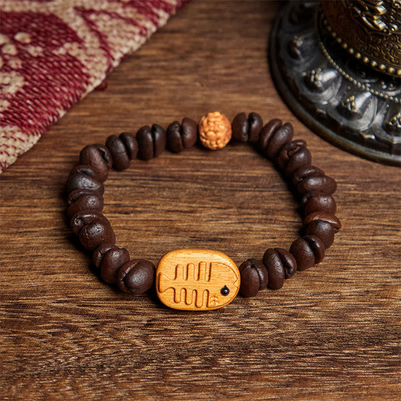 Buddha Stones Handmade Fishbone Real Coffee Beans Wenge Wood Bracelet - Coffee Bean(Wrist Circumference: 17.5cm) - image 0