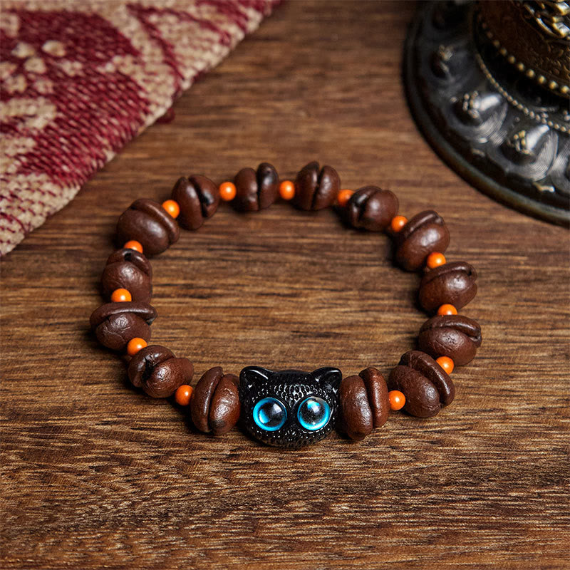 Buddha Stones Natural Cute Cat Coffee Beans Bracelet - Blue Cat Eyes(Wrist Circumference: 17.5cm) - image 0