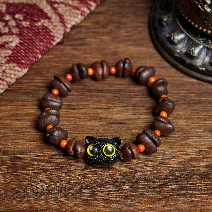 Buddha Stones Natural Cute Cat Coffee Beans Bracelet - Yellow Cat Eyes(Wrist Circumference: 17.5cm) - image 5