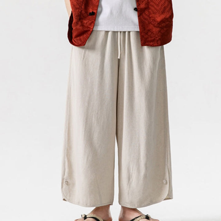 Buddha Stones Casual Loose Frog-Button Plain Men's Cotton Linen 7-8 Length Pants With Pockets - image 6