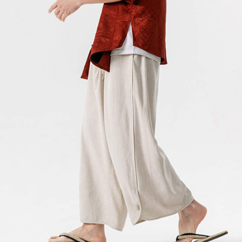 Buddha Stones Casual Loose Frog-Button Plain Men's Cotton Linen 7-8 Length Pants With Pockets - image 2