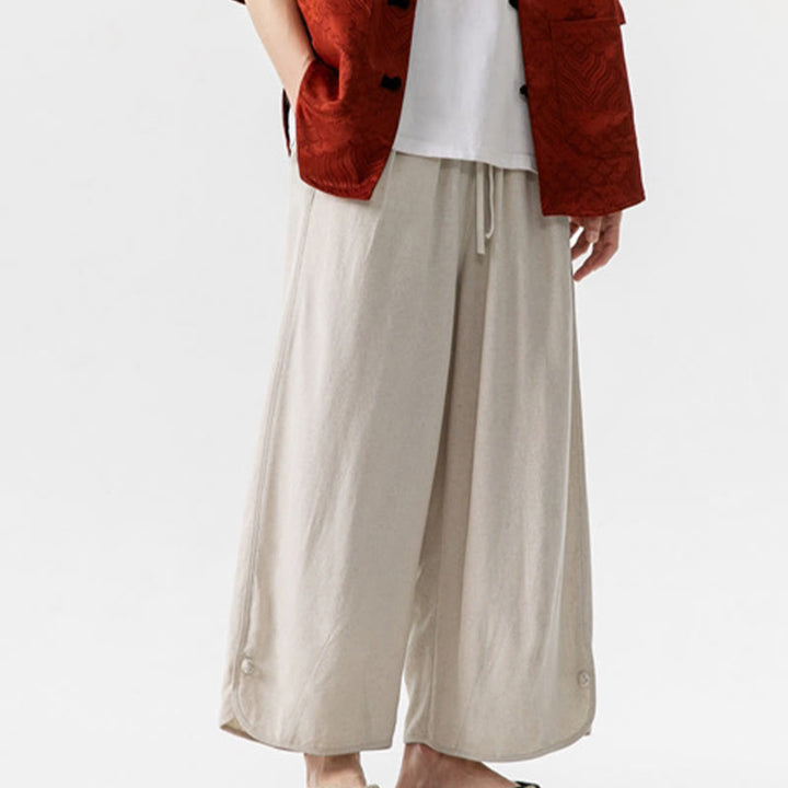 Buddha Stones Casual Loose Frog-Button Plain Men's Cotton Linen 7-8 Length Pants With Pockets - image 5