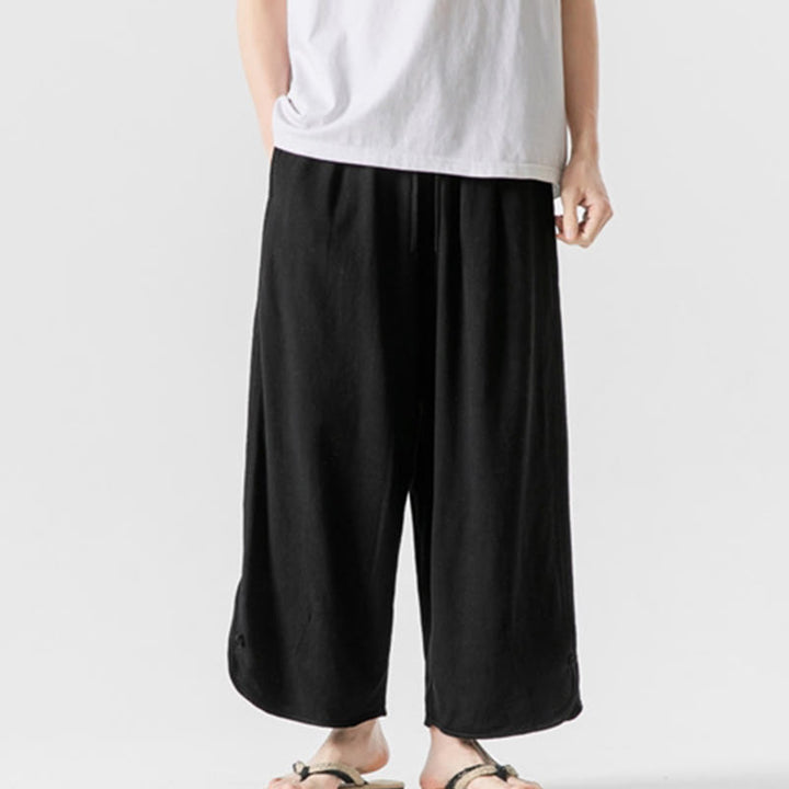 Buddha Stones Casual Loose Frog-Button Plain Men's Cotton Linen 7-8 Length Pants With Pockets - Black - US/UK/AU46，EU56 (5XL) - image 11