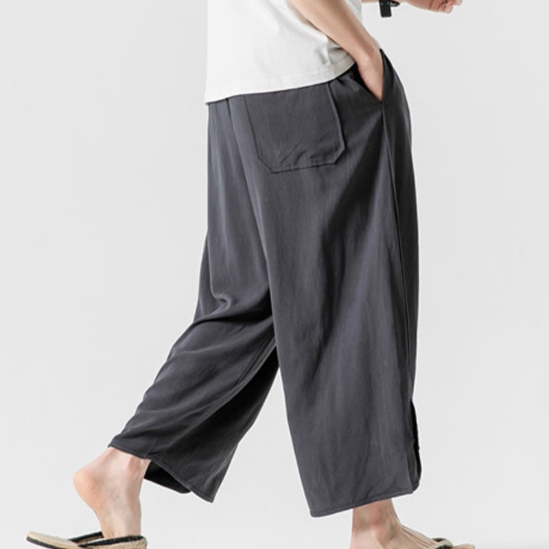 Buddha Stones Casual Loose Frog-Button Plain Men's Cotton Linen 7-8 Length Pants With Pockets - image 35