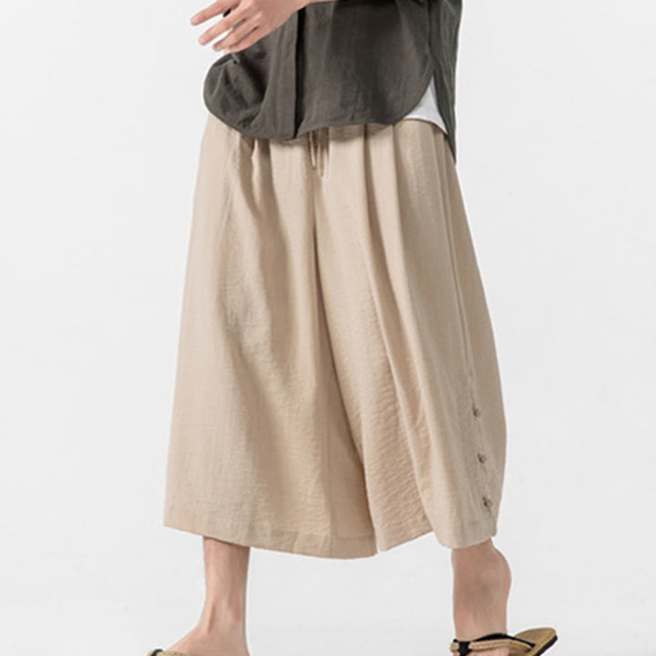 Buddha Stones Casual Loose Frog-Button Plain Men's Cotton 7-8 Length Wide Leg Pants With Pockets - image 5