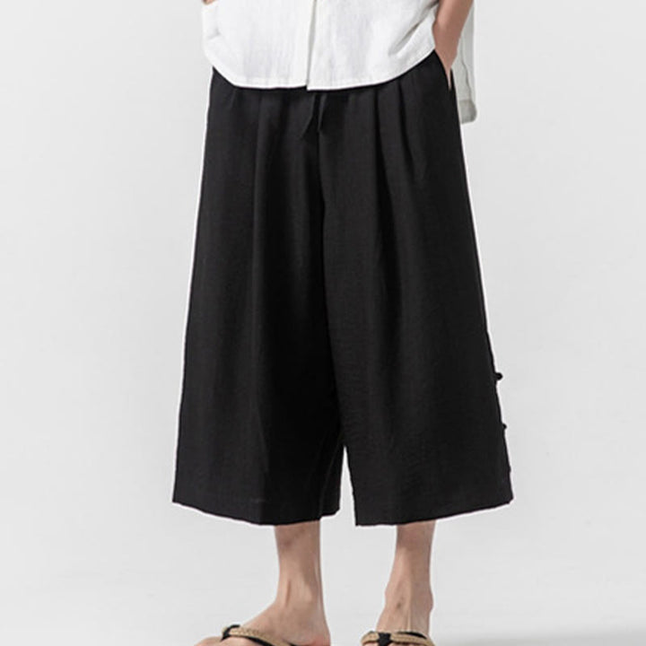 Buddha Stones Casual Loose Frog-Button Plain Men's Cotton 7-8 Length Wide Leg Pants With Pockets - image 17