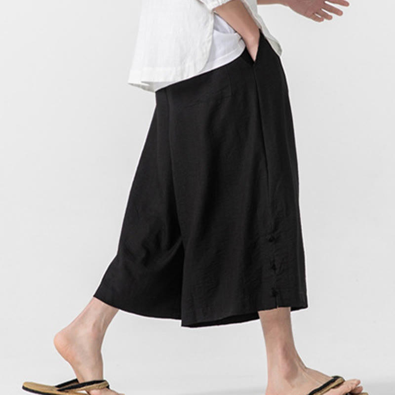 Buddha Stones Casual Loose Frog-Button Plain Men's Cotton 7-8 Length Wide Leg Pants With Pockets - image 21