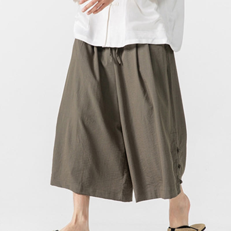 Buddha Stones Casual Loose Frog-Button Plain Men's Cotton 7-8 Length Wide Leg Pants With Pockets - image 25