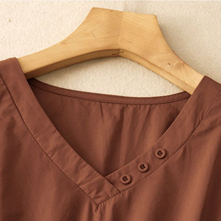 Buddha Stones Spring Plain V-neck Design Half Sleeve Cotton Linen Midi Dress With Pockets - image 2