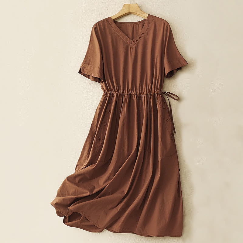 Buddha Stones Spring Plain V-neck Design Half Sleeve Cotton Linen Midi Dress With Pockets - Chocolate - US8-10，UK/AU12-14，EU40-42 (2XL) - image 0