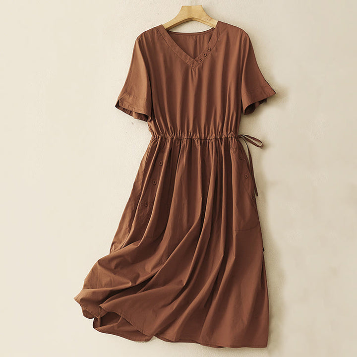 Buddha Stones Spring Plain V-neck Design Half Sleeve Cotton Linen Midi Dress With Pockets - Chocolate - US8-10，UK/AU12-14，EU40-42 (2XL) - image 0
