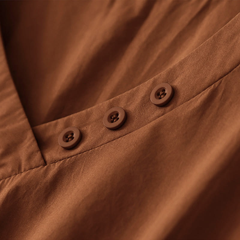 Buddha Stones Spring Plain V-neck Design Half Sleeve Cotton Linen Midi Dress With Pockets - image 3