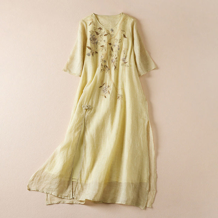 Buddha Stones Embroidered Leaf Crew Neck Half Sleeve Fiber Midi Dress - Khaki - US8-10，UK/AU12-14，EU40-42 (2XL) - image 0