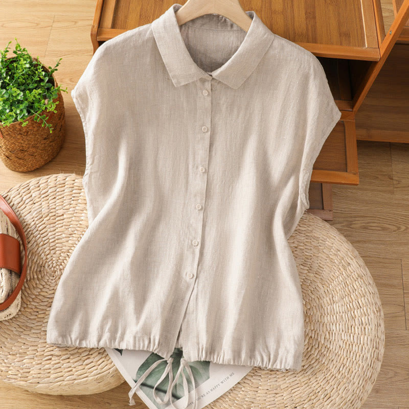 Buddha Stones Summer Plain Color Button Short Sleeve Women's Shirt - Linen - US14，UK/AU18，EU46 (2XL) - image 23