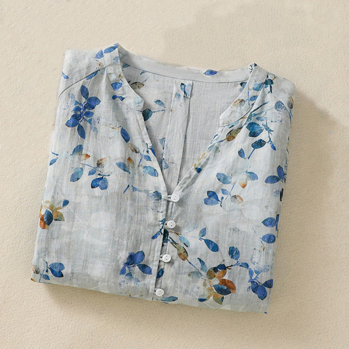 Buddha Stones Blue Floral V-Neck Three Quarter Sleeve Women's Cotton Shirt - image 2