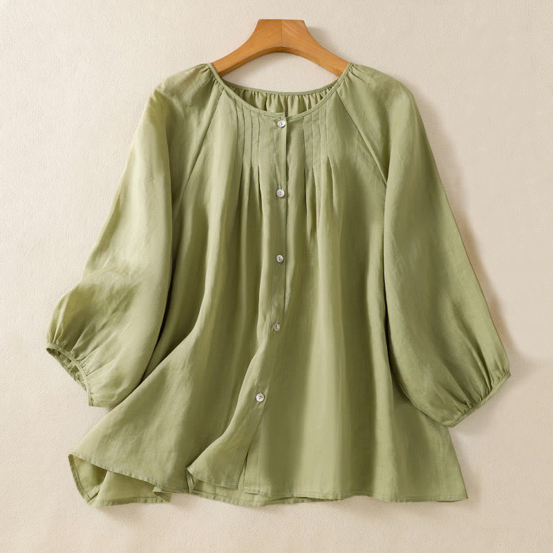 Buddha Stones Plain Button Crew Neck Three Quarter Sleeve Women's Cotton Shirt - YellowGreen - US14，UK/AU18，EU46 (2XL) - image 2