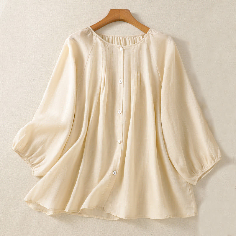 Buddha Stones Plain Button Crew Neck Three Quarter Sleeve Women's Cotton Shirt - Beige - US14，UK/AU18，EU46 (2XL) - image 12