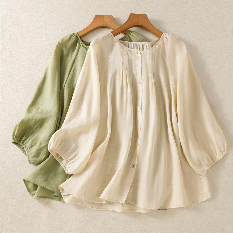 Buddha Stones Plain Button Crew Neck Three Quarter Sleeve Women's Cotton Shirt - image 0