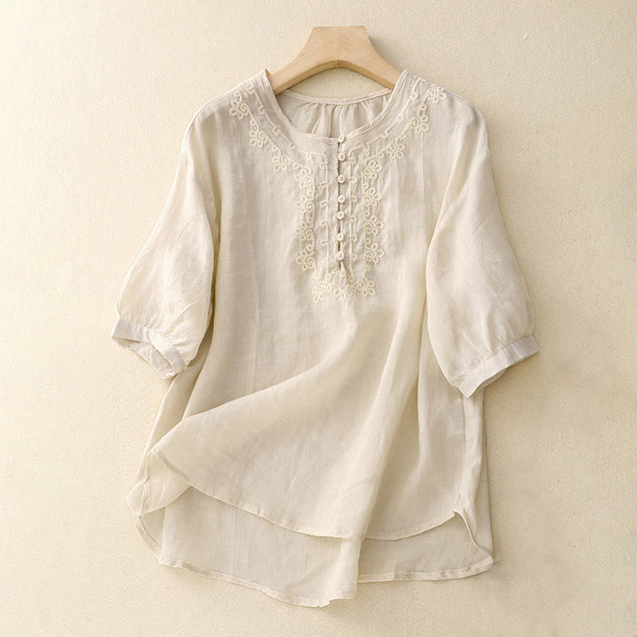 Buddha Stones Line Embroidery Button Crew Neck Half Sleeve Women's Cotton Shirt - Linen - US14，UK/AU18，EU46 (2XL) - image 5