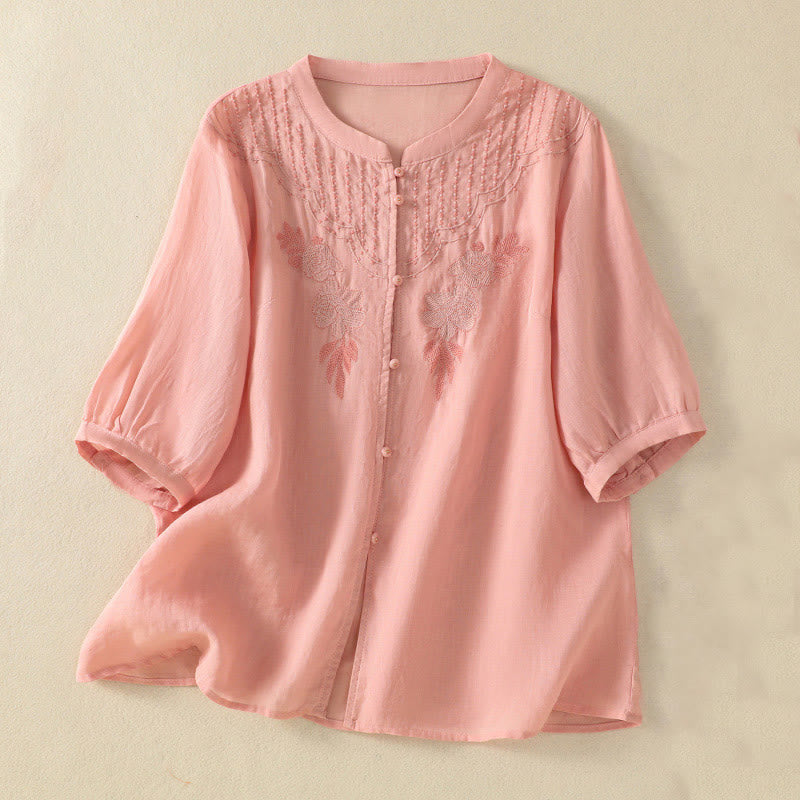 Buddha Stones Rose Floral Embroidery Button Half Sleeve Women's Cotton Shirt - LightPink - US14，UK/AU18，EU46 (2XL) - image 11