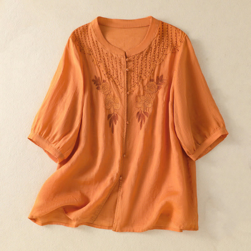 Buddha Stones Rose Floral Embroidery Button Half Sleeve Women's Cotton Shirt - Orange - US14，UK/AU18，EU46 (2XL) - image 23