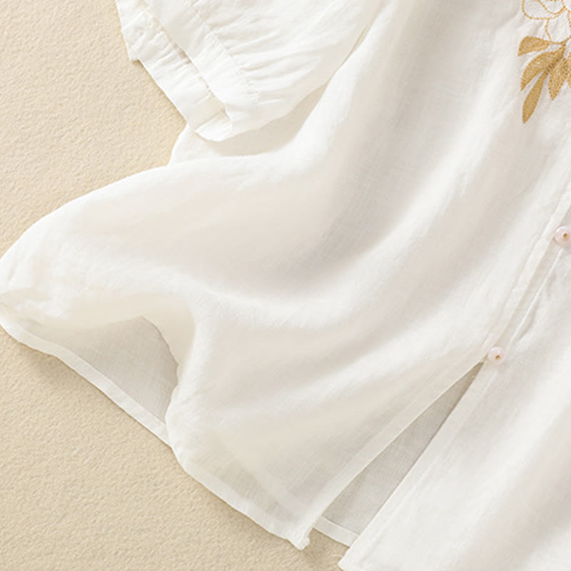 Buddha Stones Rose Floral Embroidery Button Half Sleeve Women's Cotton Shirt - image 39