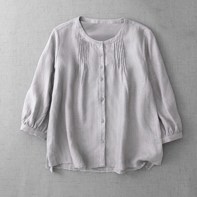 Buddha Stones Plain Button Pleated Design Crew Neck Three Quarter Sleeve Women's Cotton Shirt - Linen - US14，UK/AU18，EU46 (2XL) - image 22
