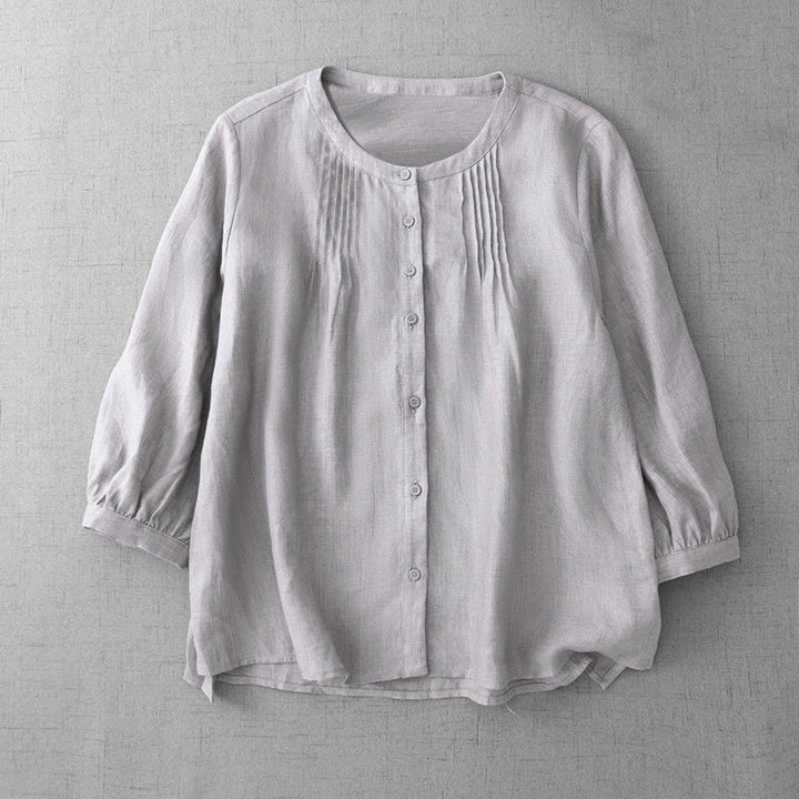 Buddha Stones Plain Button Pleated Design Crew Neck Three Quarter Sleeve Women's Cotton Shirt - Linen - US14，UK/AU18，EU46 (2XL) - image 22