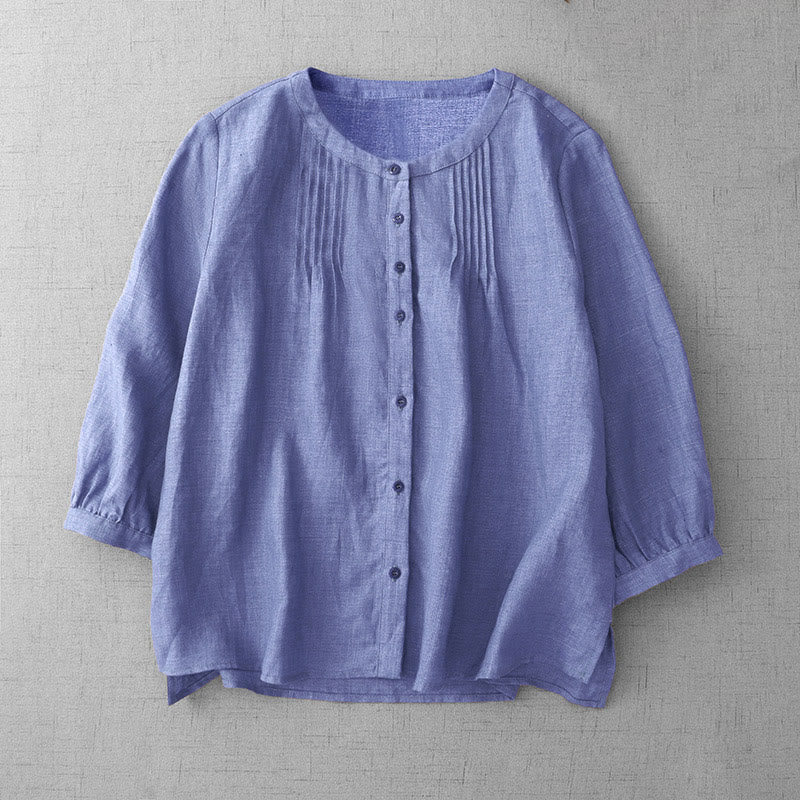 Buddha Stones Plain Button Pleated Design Crew Neck Three Quarter Sleeve Women's Cotton Shirt - CornflowerBlue - US14，UK/AU18，EU46 (2XL) - image 0